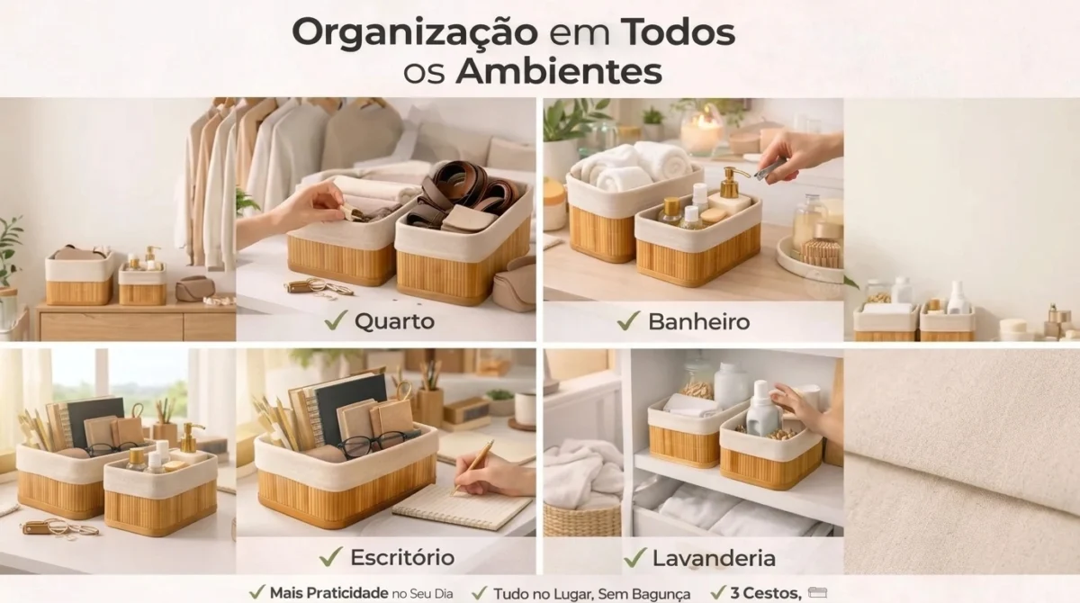 Kit 3 Cestos Organizadores de Bambu