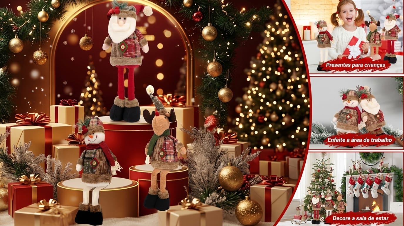 Trio de Bonecos Natalino, Rena, Boneco de Neve, Papai Noel